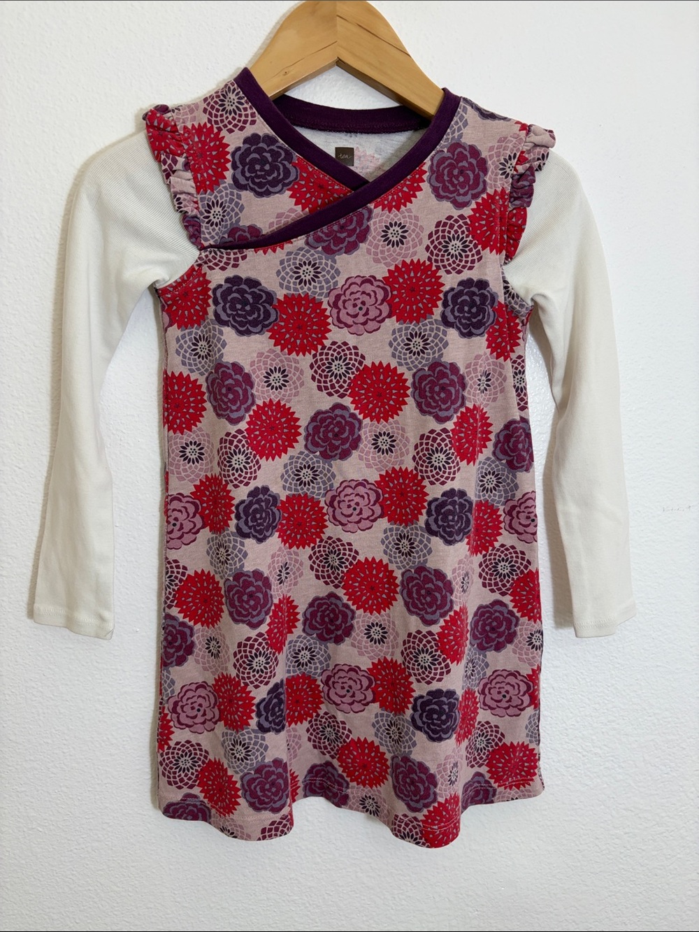 Tea Collection Floral Layered Look Purple Red Long Sleeve Cotton Dress